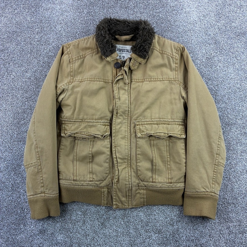 Vintage Y2K Aeropostale Jacket Mens S Khaki Military Field Bomber Sherpa Collar
